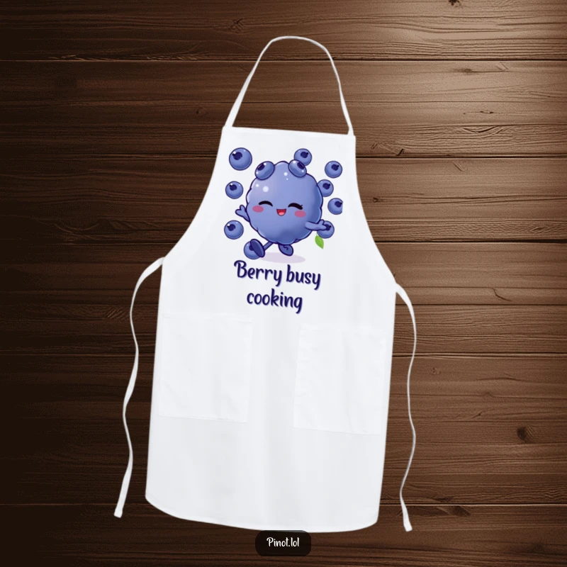 Funny apron featuring a winking blueberry character skipping playfully while cooking, bringing a cheerful and humorous vibe to the kitchen.
