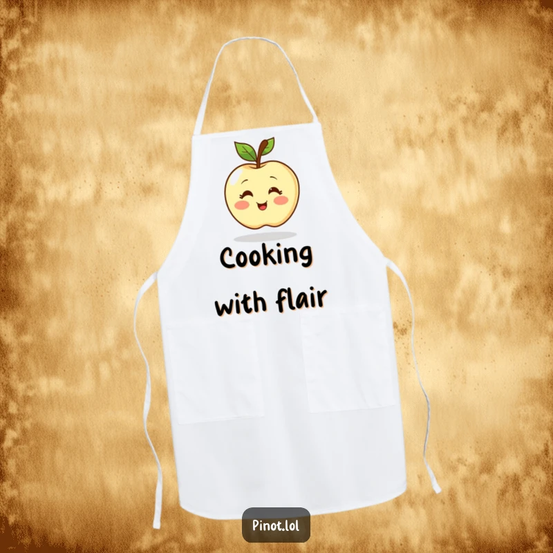 Funny apron with a blushing apple character with simple eyes, spinning with enthusiastic delight. Perfect for a cheerful cook.