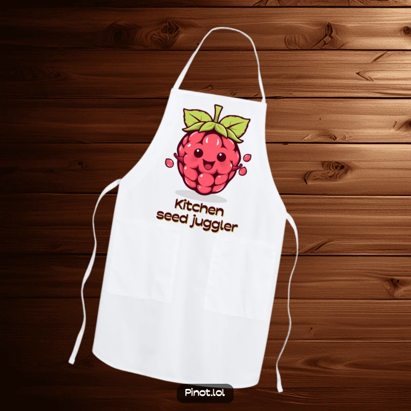 Funny kawaii raspberry character apron, juggling seeds while cooking, a humorous and practical kitchen accessory.