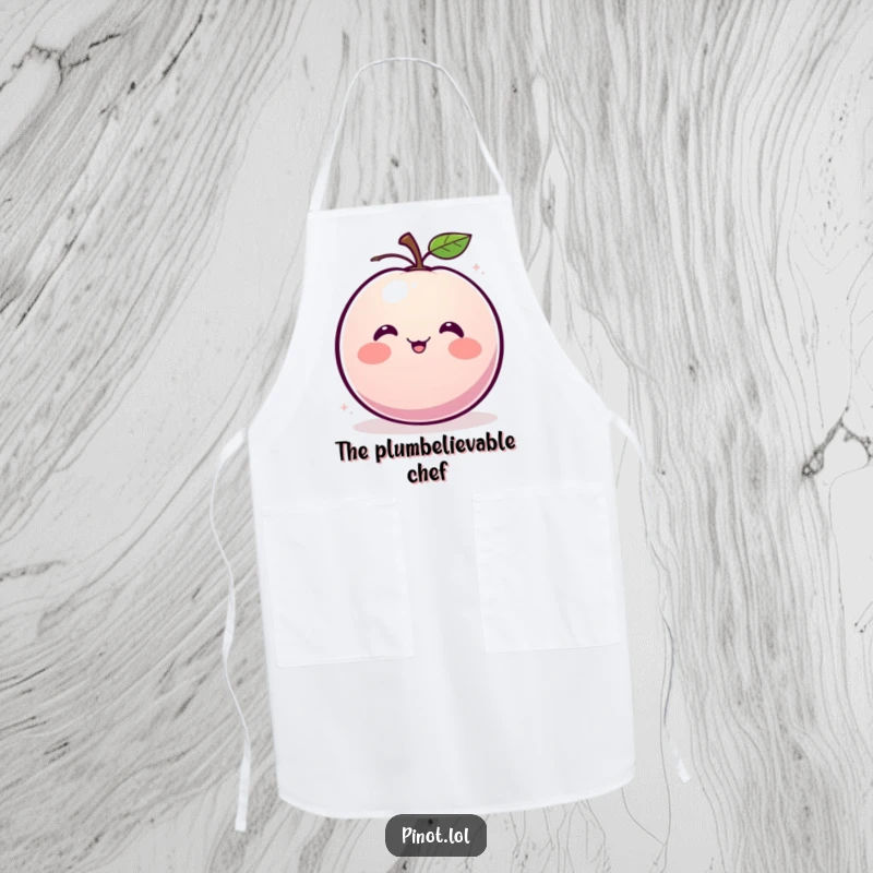 Funny apron showcasing a blushing, round plum character with small eyes, giggling and spinning with culinary delight.