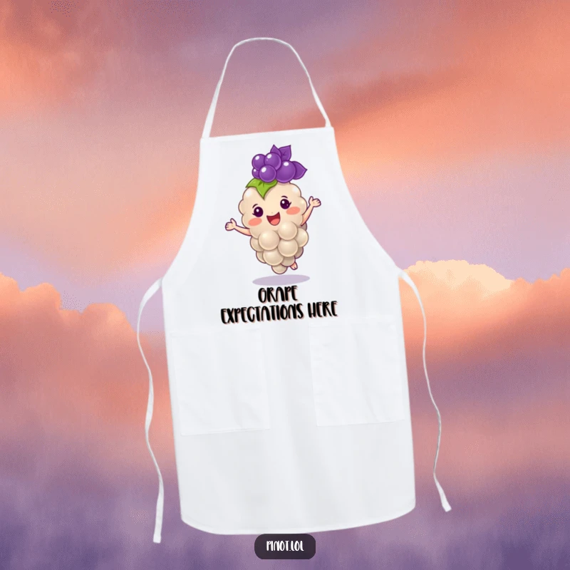 Funny apron showcasing a cheerful, plump grape character with tiny eyes, dancing with culinary joy.