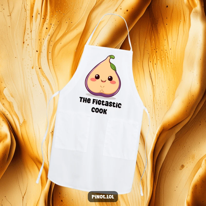 Funny apron showcasing a smiling, juicy fig character with simple eyes, wobbling with culinary joy.