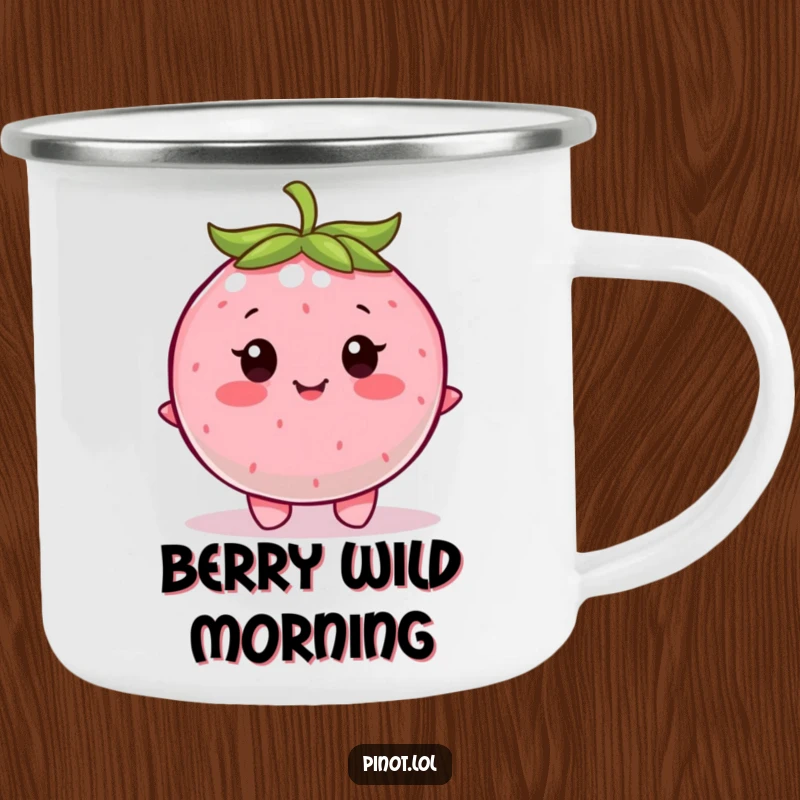 Funny camping mug featuring a contented, round berry character with little eyes, happily wiggling.