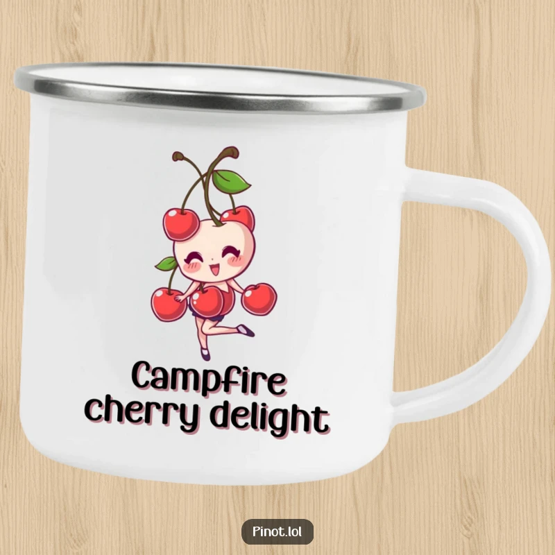 Funny camping mug showing a giggling cherry pair character balancing perfectly, ideal for sipping coffee or tea during outdoor escapades.