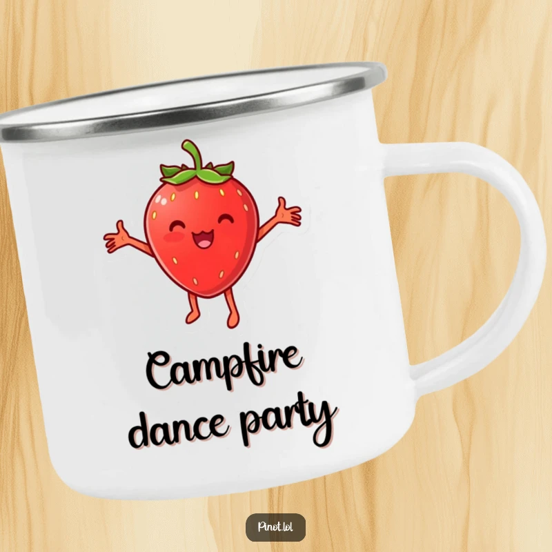 Funny camping mug showing a cheesy strawberry character dancing with arms outstretched, perfect for sipping coffee or tea during outdoor escapades.