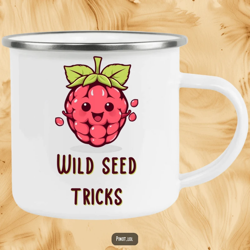 Funny kawaii raspberry character camping mug, juggling seeds with expert flair, ready for humorous outdoor enjoyment.