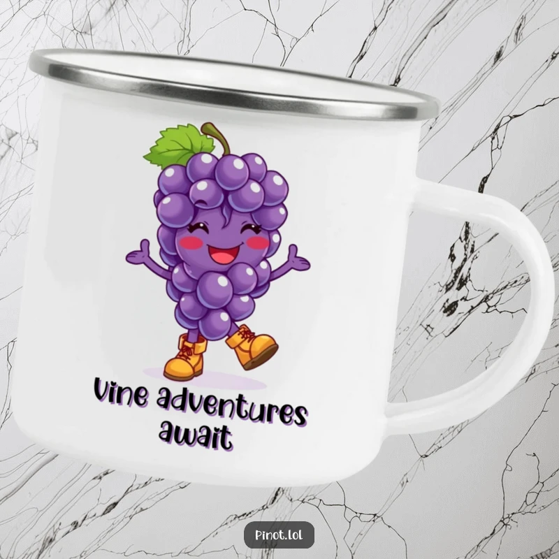 Funny camping mug featuring a grapes character in tiny boots, joyfully hopping on an outdoor adventure, perfect for sipping hot beverages.