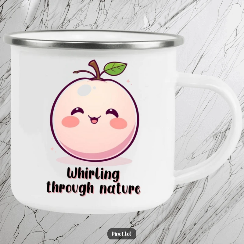 Funny camping mug featuring a blushing, round plum character with small eyes, giggling and spinning.