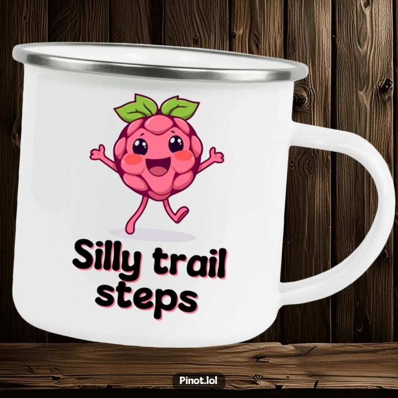 Funny camping mug showing a beaming raspberry character doing a silly walk, perfect for sipping coffee or tea during outdoor escapades.