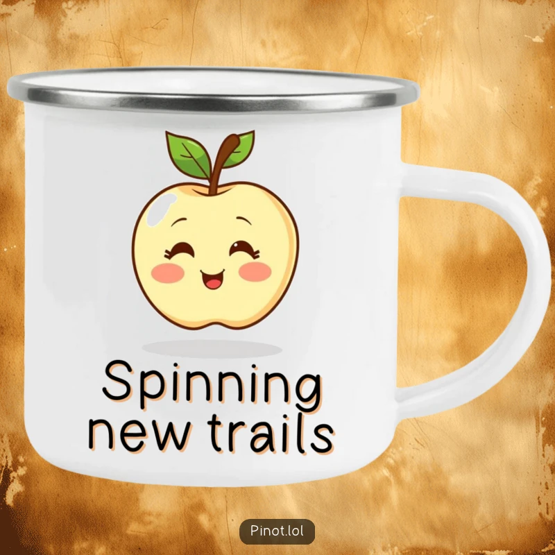 Funny camping mug with a blushing apple character, simple eyes, spinning with excitement. Great for outdoor enthusiasts.