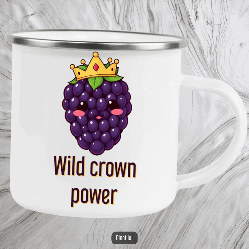 Funny kawaii blackberry character camping mug, wearing a crown, ready for royal outdoor adventures.