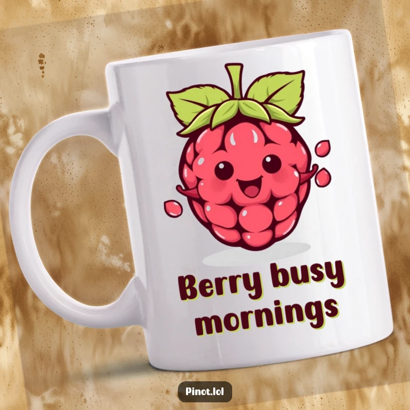 Funny kawaii raspberry character mug, happily juggling three tiny seeds, perfect for a humorous and skillful gift.