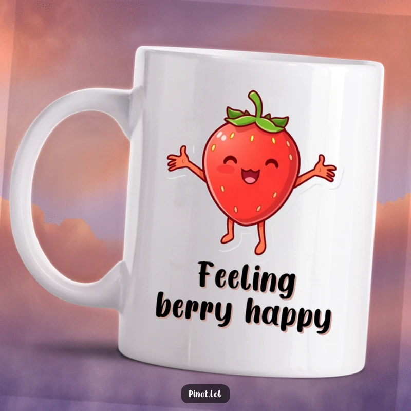 Funny mug showcasing a cheesy strawberry character with arms outstretched, joyfully dancing with a wide, happy grin and infectious enthusiasm.