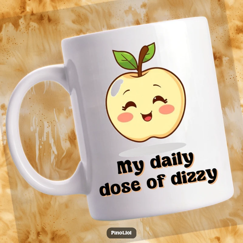 Funny mug featuring a blushing apple character with simple eyes spinning in pure, delightful excitement. A truly joyful and humorous design.