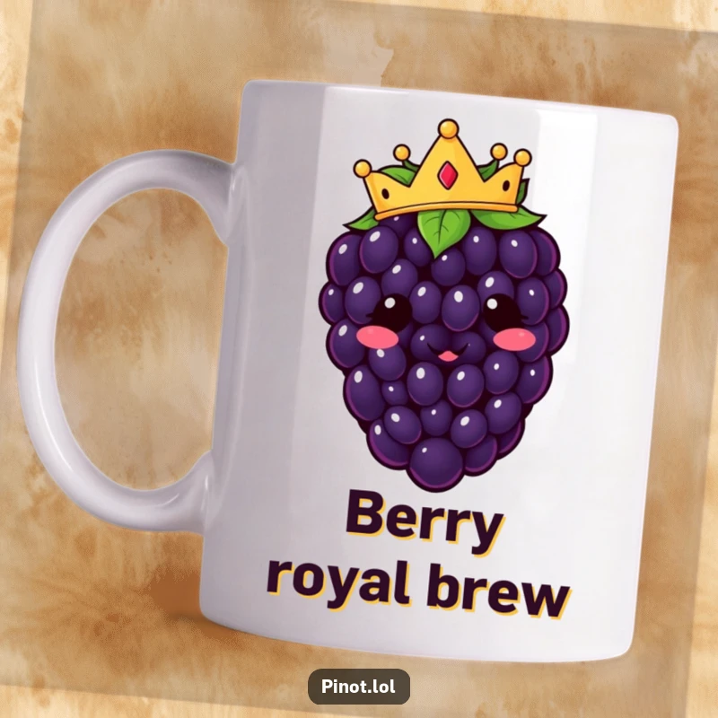 Funny kawaii blackberry character mug, wearing a tiny golden crown with a cheerful smile, fit for a funny gift.