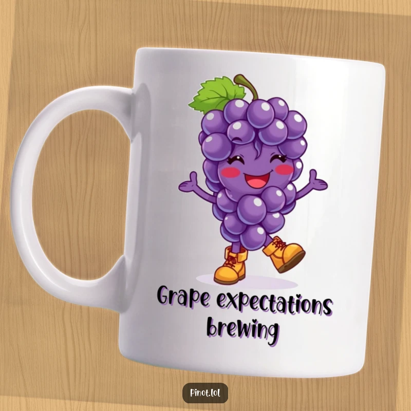 Funny mug featuring a smiling grapes character in tiny boots, mid-hop with pure, unadulterated joy, embodying a cheerful and energetic vibe.