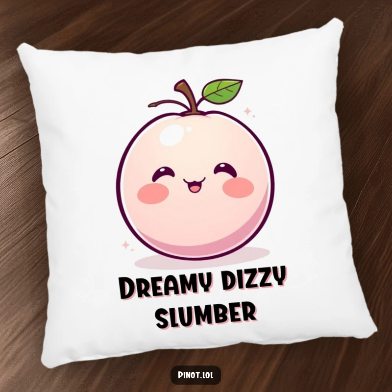 Funny pillow featuring a blushing, round plum character with small eyes, giggling and spinning.