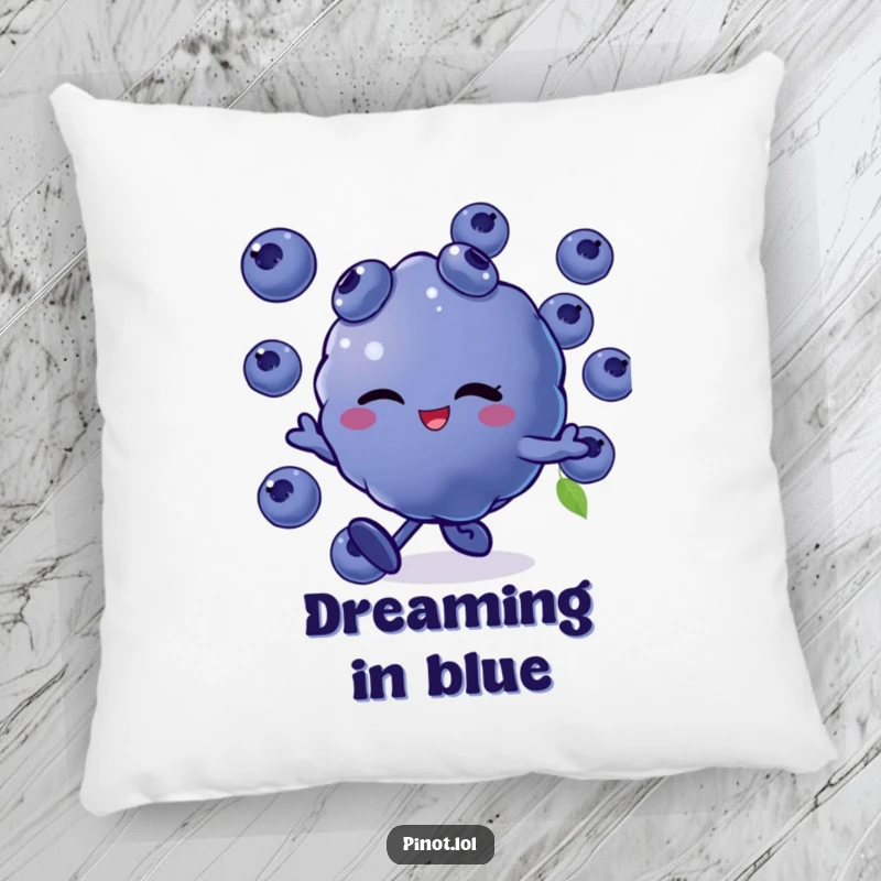 Funny pillow showcasing a winking blueberry character in a cheerful skip, offering plush comfort and a dose of fruity amusement.