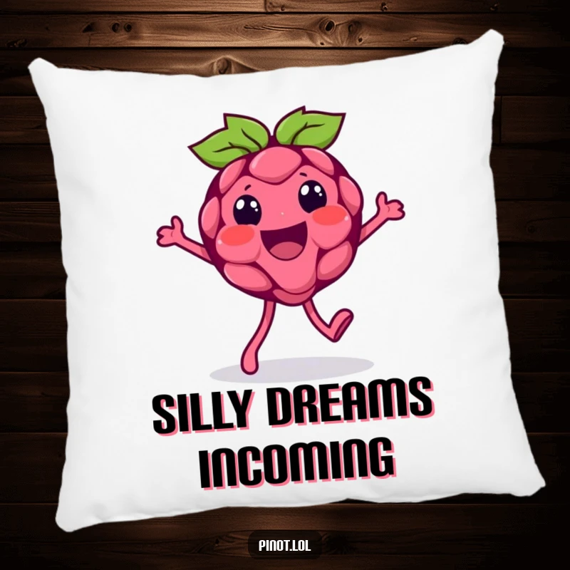 Funny pillow showcasing a beaming raspberry character in a silly walk with tiny feet, offering plush comfort and a dose of fruity amusement.