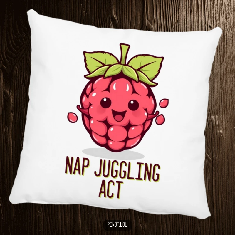 Funny kawaii raspberry character pillow, juggling seeds with a smile, offering soft, humorous, and skillful decor.