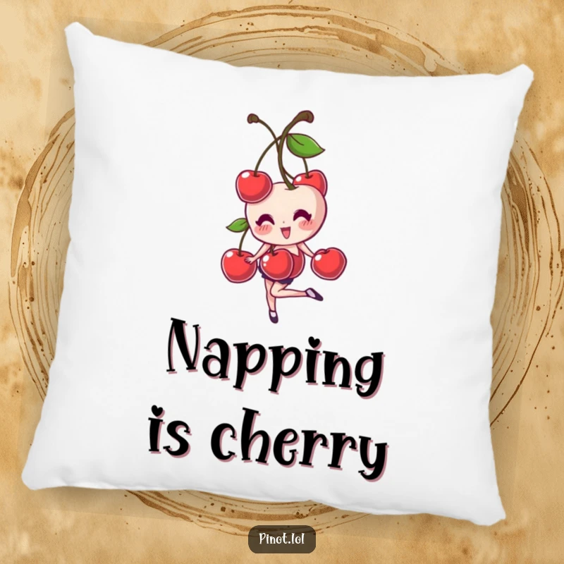 Funny pillow showcasing a giggling cherry pair character in a one-footed balance, offering plush comfort and a dose of fruity amusement.