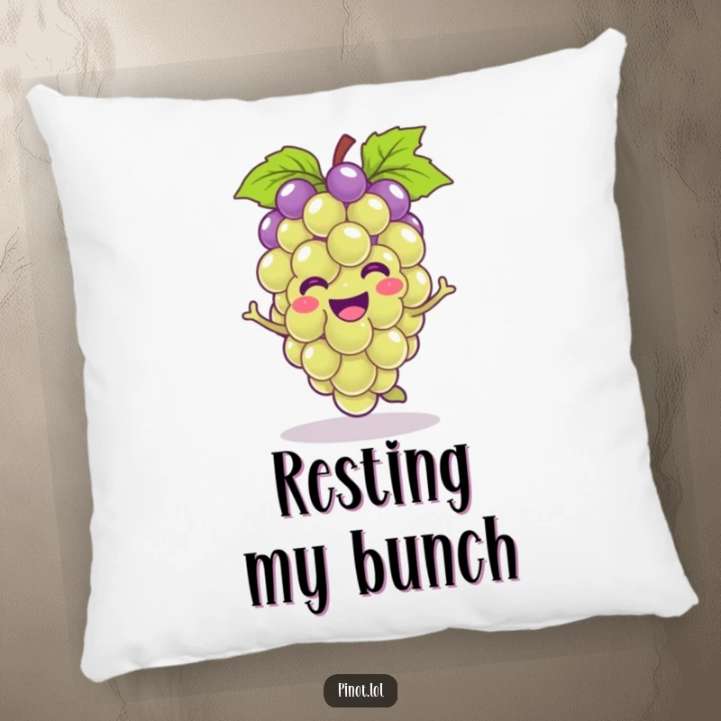 Funny kawaii grape character pillow, smiling and hopping, providing soft, comfortable, and humorous home decor.