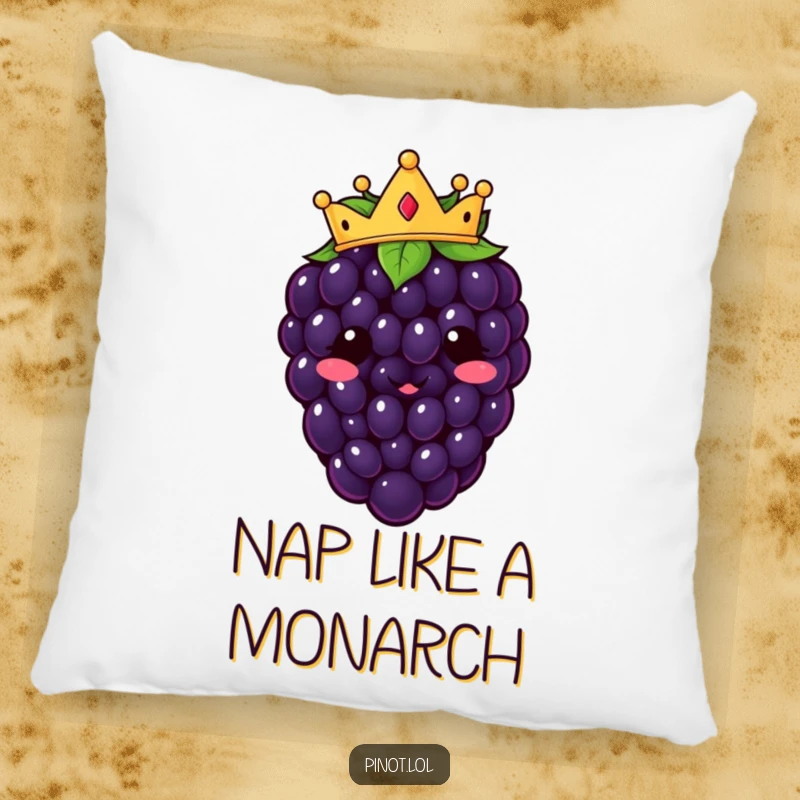 Funny kawaii blackberry character pillow, crowned and smiling, offering soft, humorous, and regal decor.