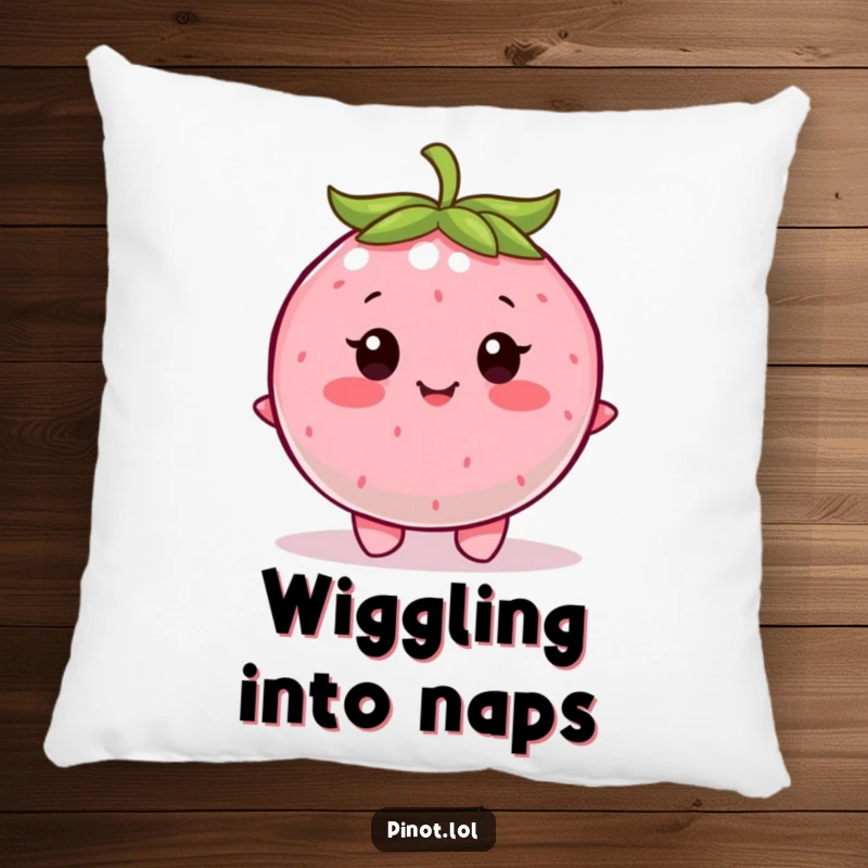 Funny pillow featuring a contented, round berry character with little eyes, happily wiggling.