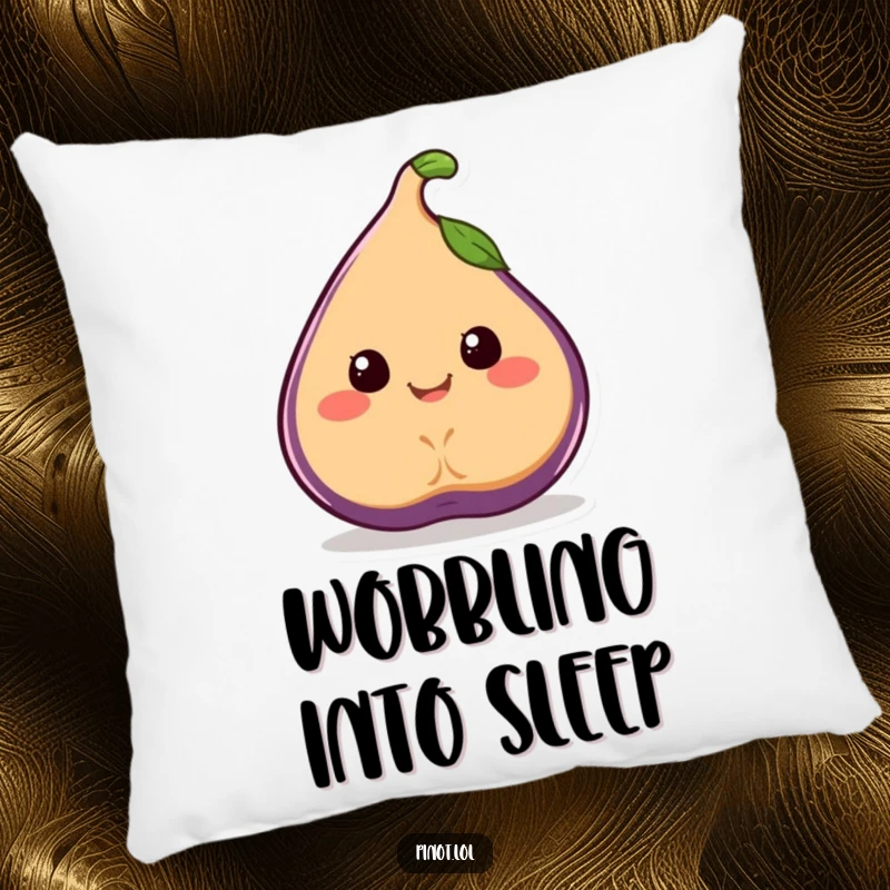 Funny pillow featuring a smiling, juicy fig character with simple eyes, wobbling joyfully.