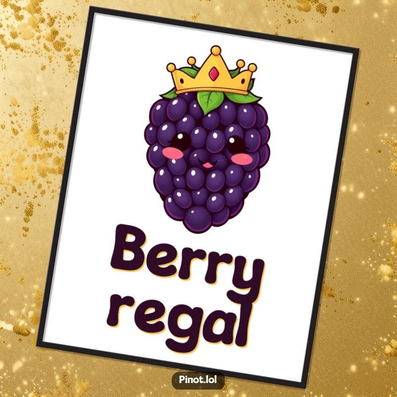 Funny kawaii blackberry character digital art print, wearing a tiny crown with a cheerful expression, regal humor.
