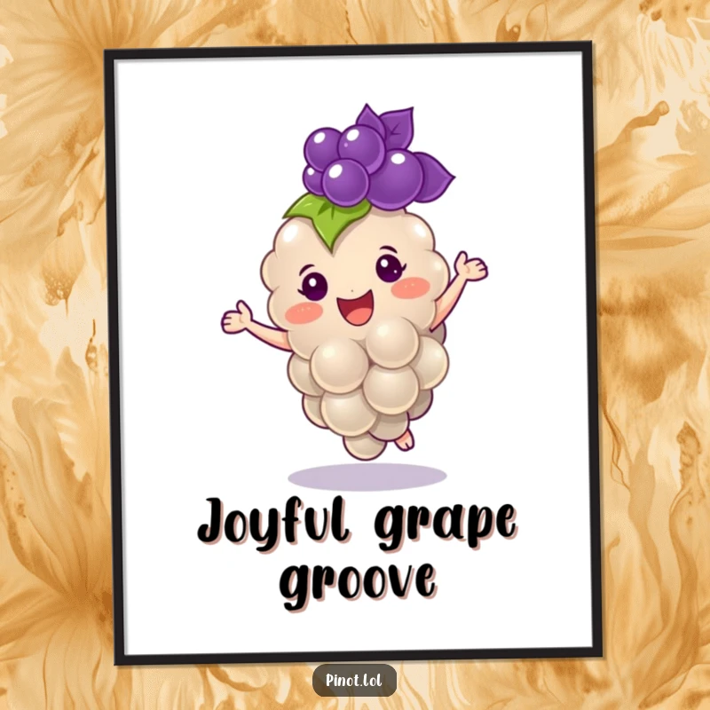 Funny digital art print of a cheerful, plump grape character with tiny eyes, dancing with delight.