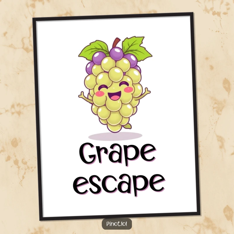 Funny kawaii grape character digital art print, captured in a joyful hop, offering instant humorous decor.