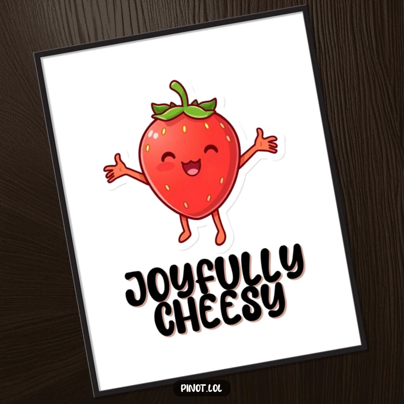 Funny digital art print of a cheesy strawberry character dancing with abandon, perfect for instant download to add playful charm.