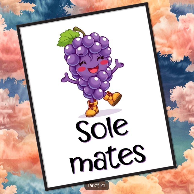 Funny digital art print of a grapes character in tiny boots, joyfully hopping, exuding happiness and playful energy for immediate download.