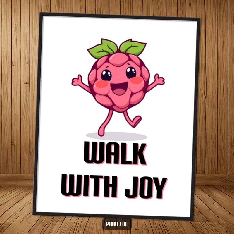 Funny digital art print of a beaming raspberry character doing a silly walk, perfect for instant download to add playful charm.