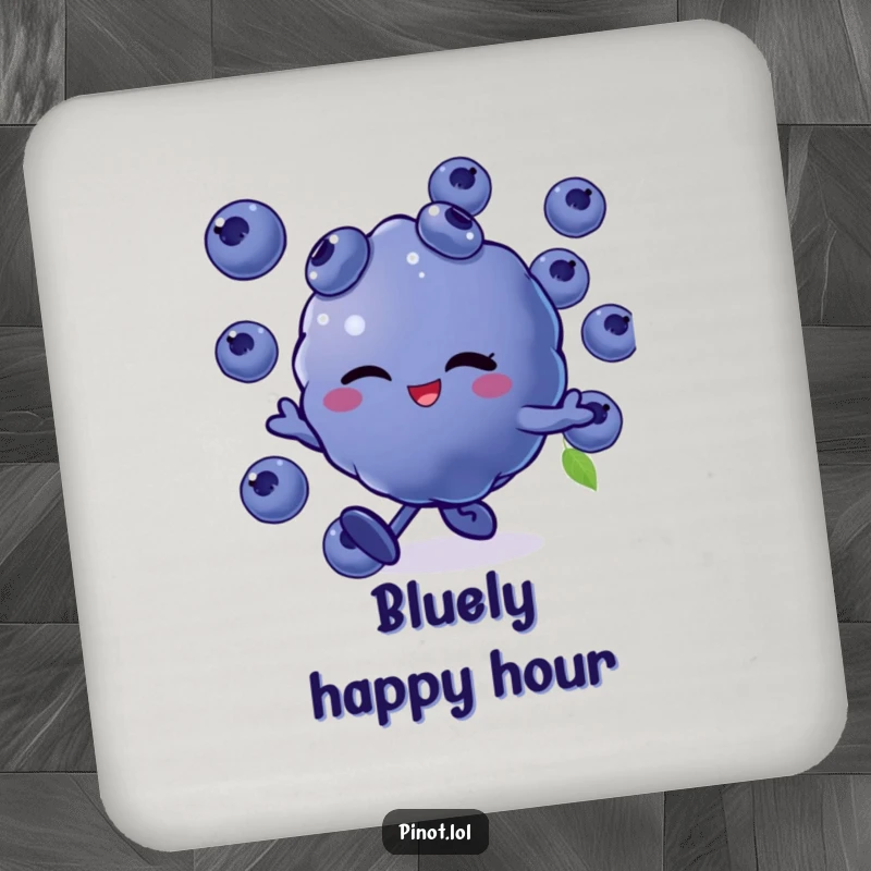Funny drink coaster with a winking blueberry character skipping playfully, adding a cheerful and protective touch to your surfaces.