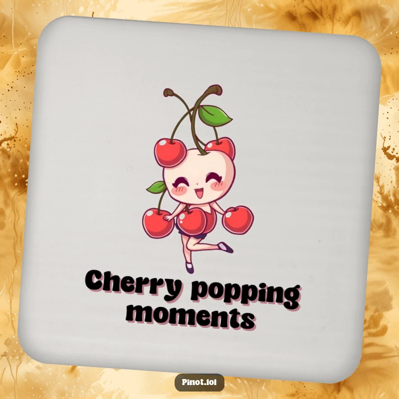 Funny drink coaster with a giggling cherry pair character balancing on one foot, adding a cheerful and protective touch to your surfaces.