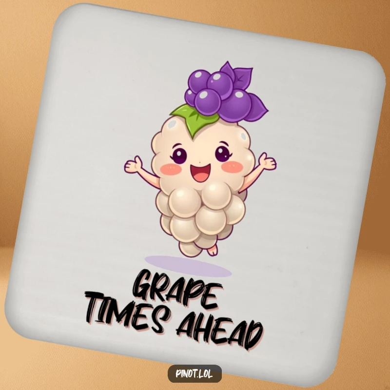 Funny drink coaster featuring a cheerful, plump grape character with tiny eyes, dancing with delight.