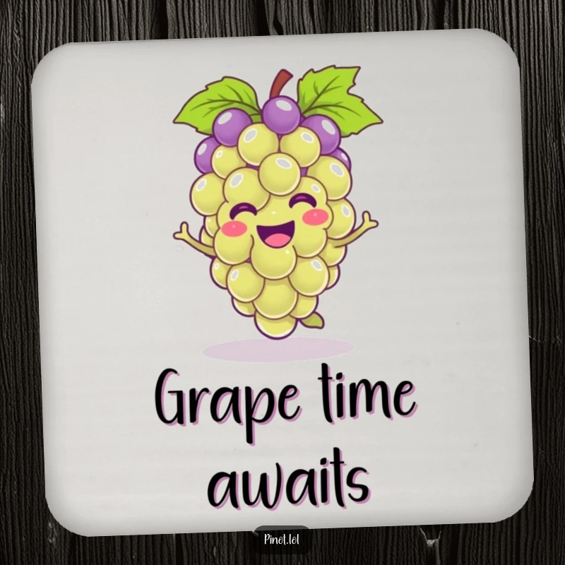 Funny kawaii grape character drink coasters, hopping cheerfully, protecting surfaces with humorous fruit art.