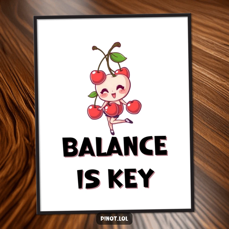 Funny poster of a giggling cherry pair character performing a precarious one-footed balance, radiating cheer and playful energy.