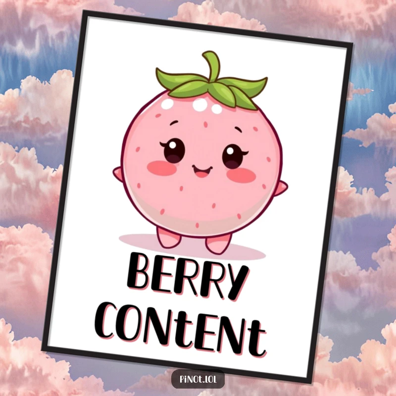 Funny poster showcasing a contented, round berry character with little eyes, happily wiggling.