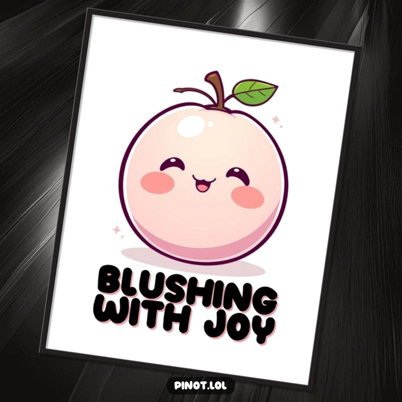 Funny poster showcasing a blushing, round plum character with small eyes, giggling and spinning with pure delight.