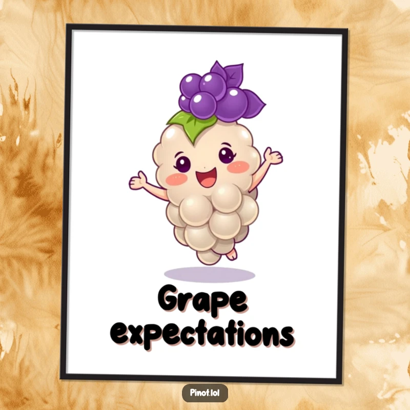 Funny poster showcasing a cheerful, plump grape character with tiny eyes, dancing with pure delight.