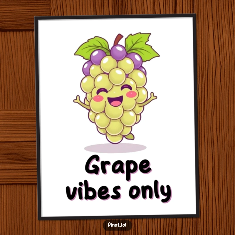 Funny kawaii grape character poster, happily hopping, adding vibrant and humorous wall art to any room.