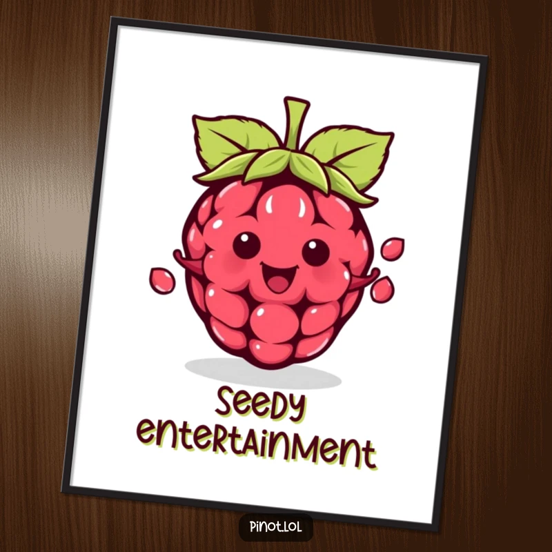 Funny kawaii raspberry character poster, juggling three tiny seeds with a happy expression, skillful and humorous art.