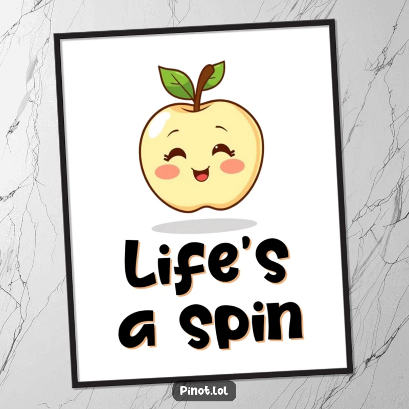Funny poster showcasing a blushing apple character with simple eyes in a dynamic, excited spinning motion. Joyful wall decor.