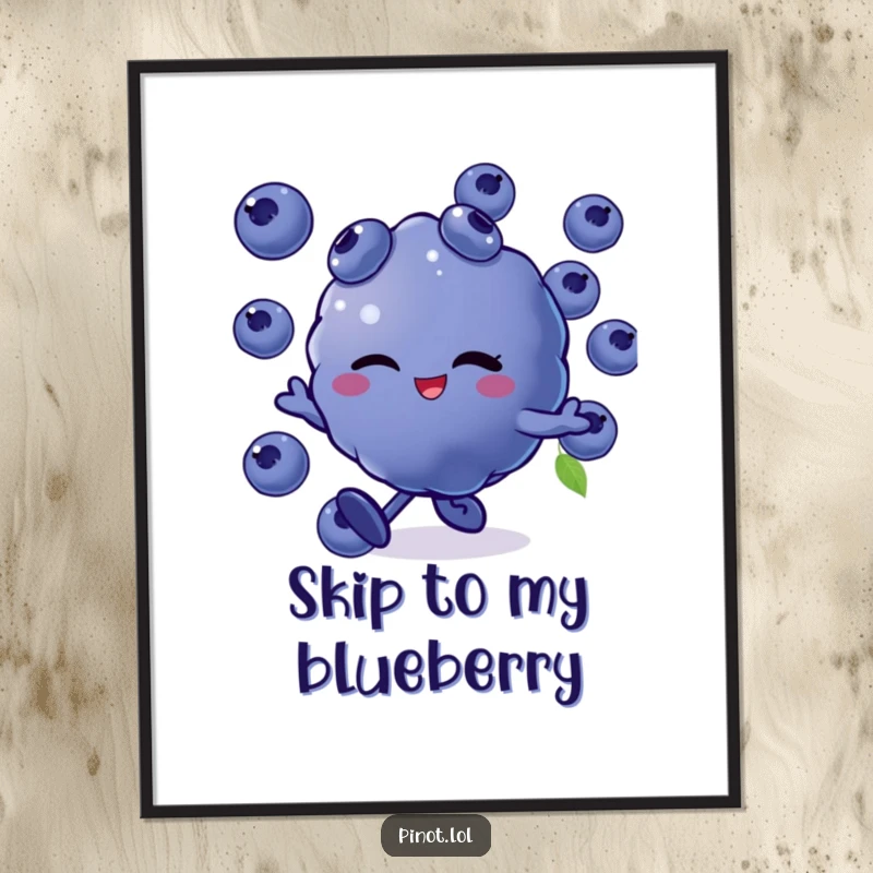 Funny poster depicting a winking blueberry character in mid-skip, with a joyful expression, adding a burst of vibrant color and playful energy.