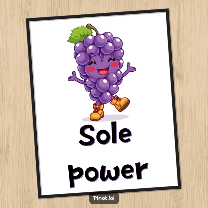 Funny poster showcasing a grapes character in tiny boots, captured in a moment of ecstatic hopping, bringing cheerful energy to any wall.