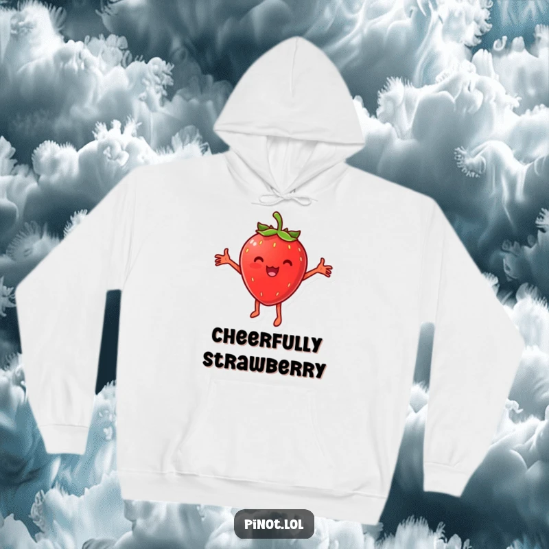 Funny hoodie adorned with a cheesy strawberry character dancing joyfully, arms outstretched, exuding comfort and a playful, happy vibe.