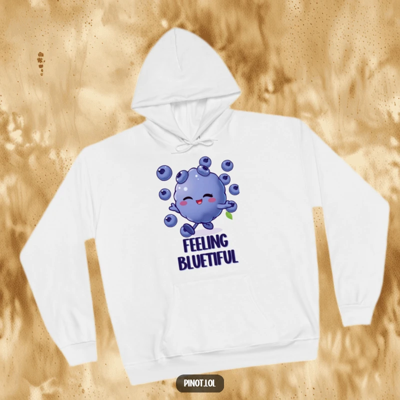 Funny hoodie adorned with a winking blueberry character in full skip, radiating joy and a playful spirit, perfect for staying warm and amused.